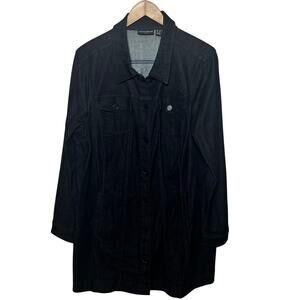 Susan Graver Jeans Jacket Denim Dress Dark Blue Belted Pockets Dressy Office 1X